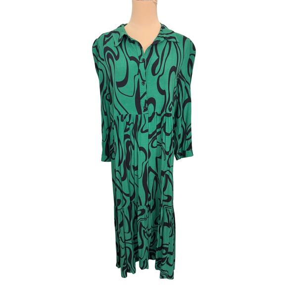 Zara Women’s Large Green Abstract Swirl Print Tiered Button Shirt Dress - Picture 1 of 3